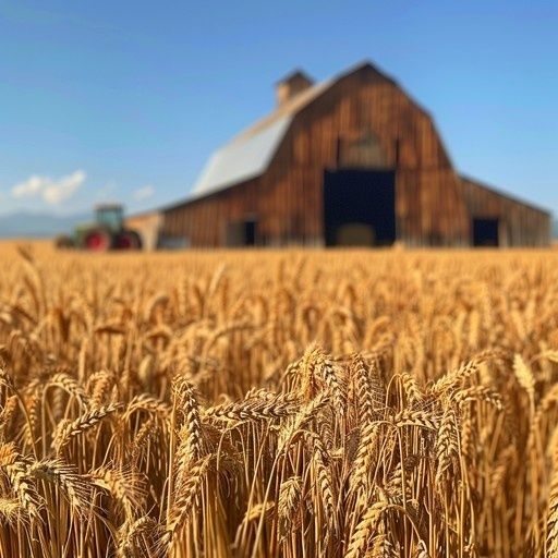 Golden wheat field in front of a large wooden barn under blue skies